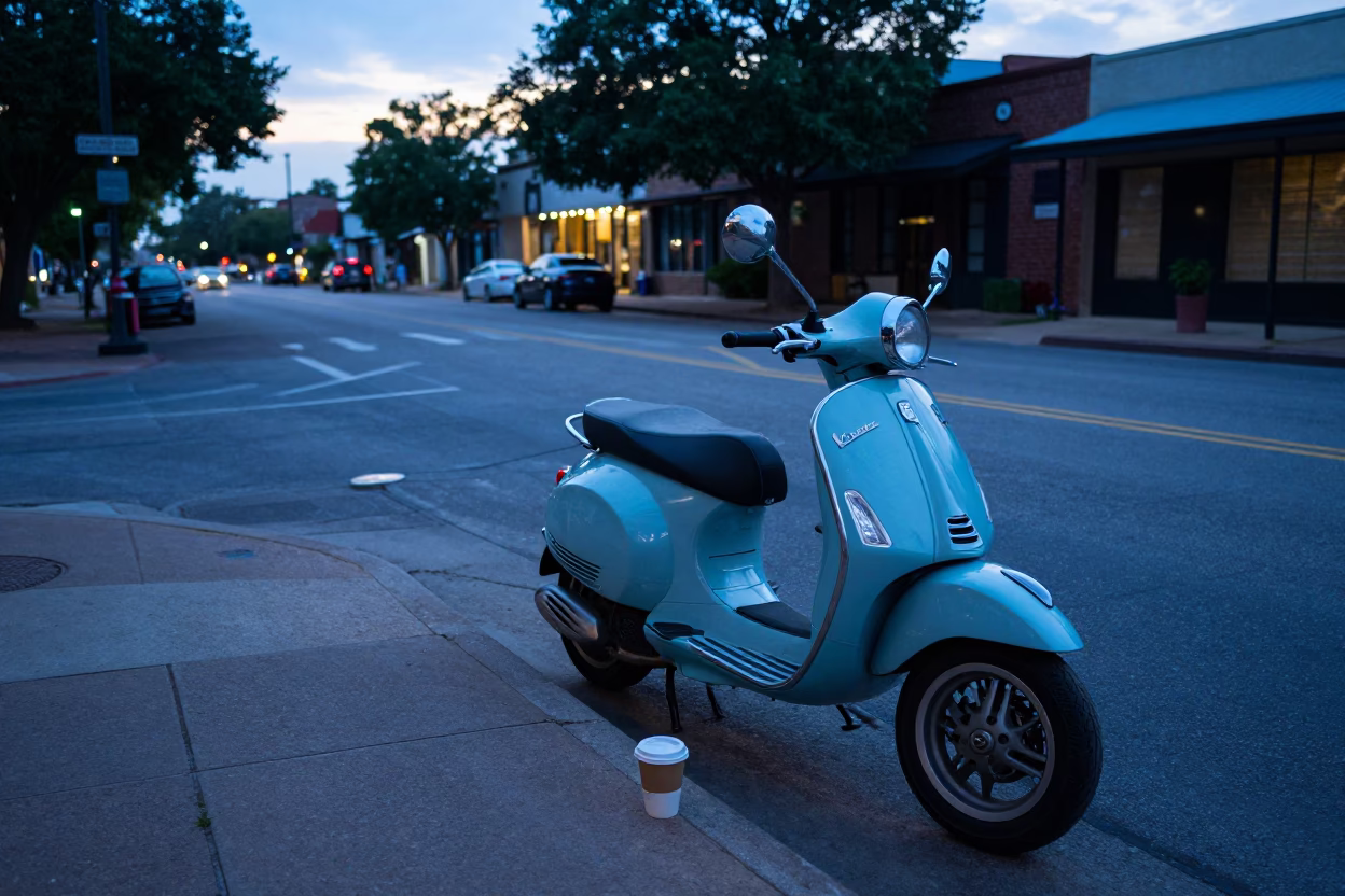 Pre-dawn Austin Texas street scene with vintage Vespa and coffee mug in in Austin, Texas, United States