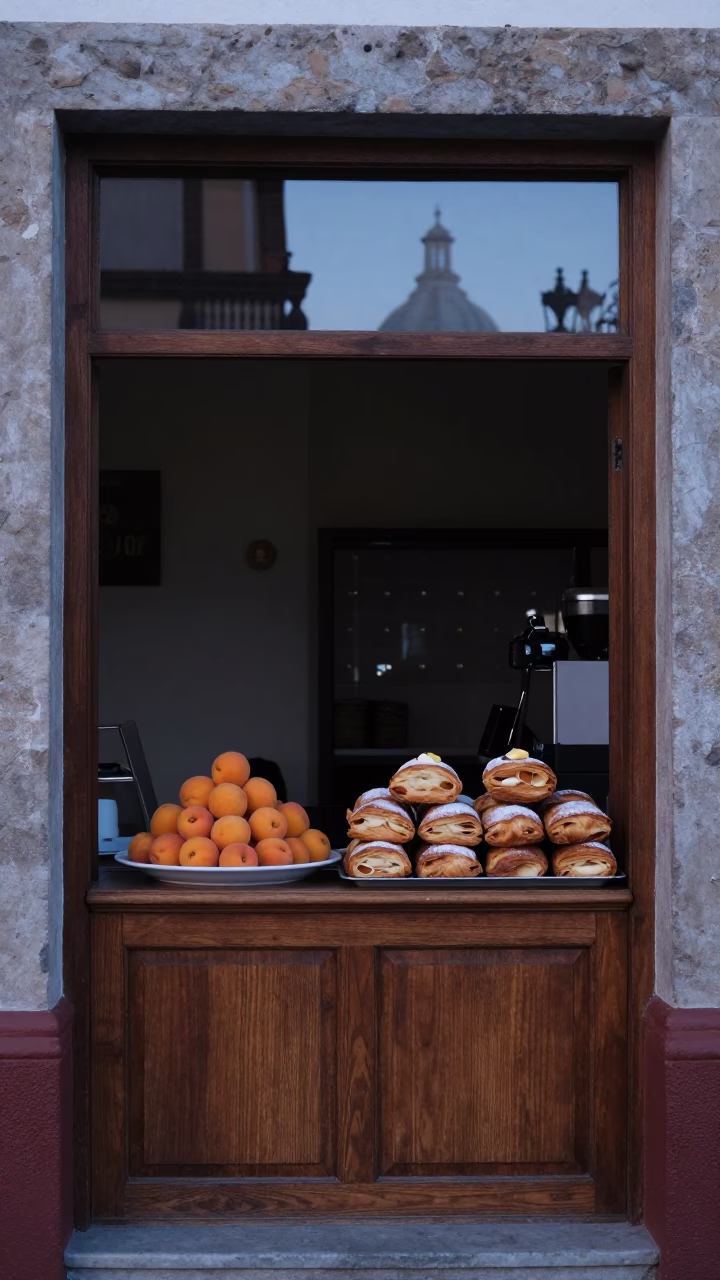 Pre-Dawn Bakery Display in Oaxaca City with Apricots and Pastries in in Oaxaca, Mexico