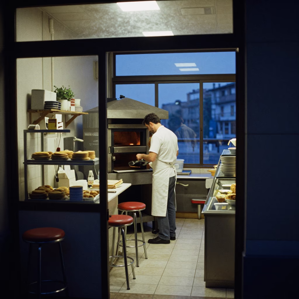 Pre-dawn bakery interior in Bilbao Spain with baker and bar stools in in Bilbao, Spain