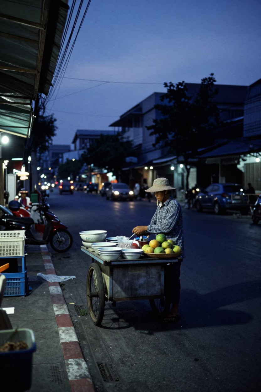 Pre-dawn Bangkok street scene with ceramic bowl and fruit knife on concrete sidewalk in in Bangkok, Thailand