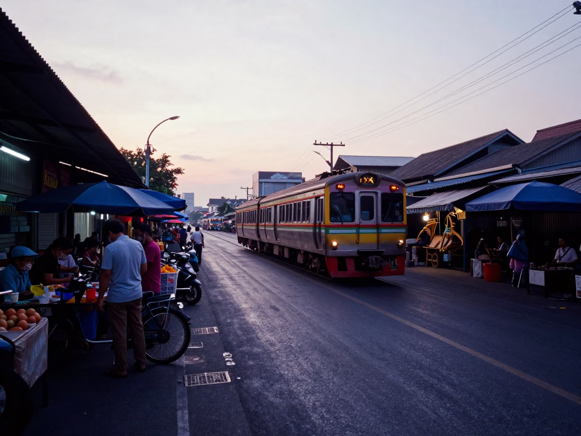 Pre-Dawn Bangkok Street Scene with Commuter Train and Local Market Activity in in Bangkok, Thailand