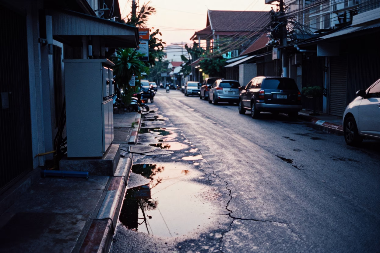 Pre-dawn Bangkok Street Scene with Oil-Sheened Puddle and Early Morning Market Activity in in Bangkok, Thailand