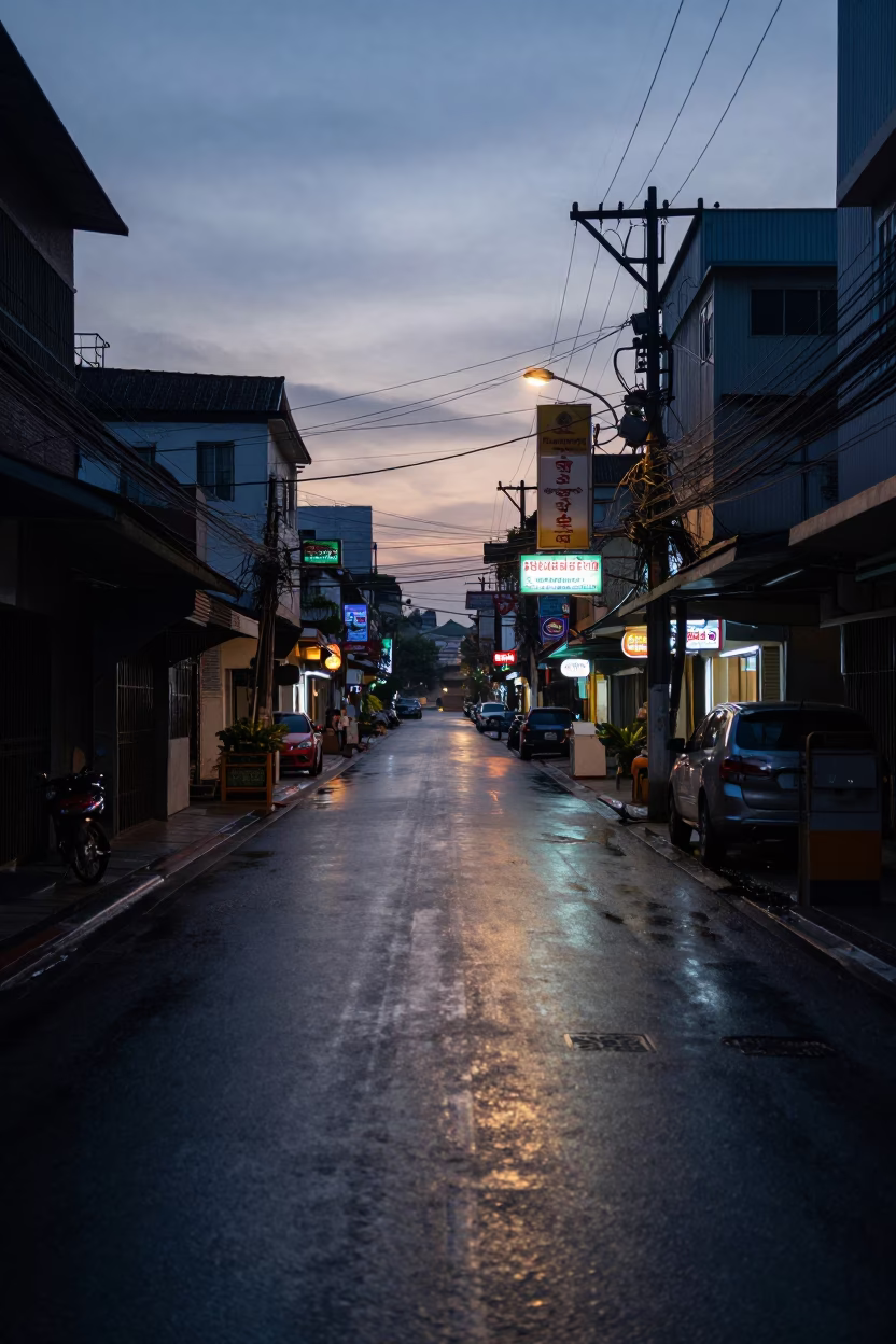 Pre-dawn Bangkok street scene with wet asphalt and early morning market activity in in Bangkok, Thailand