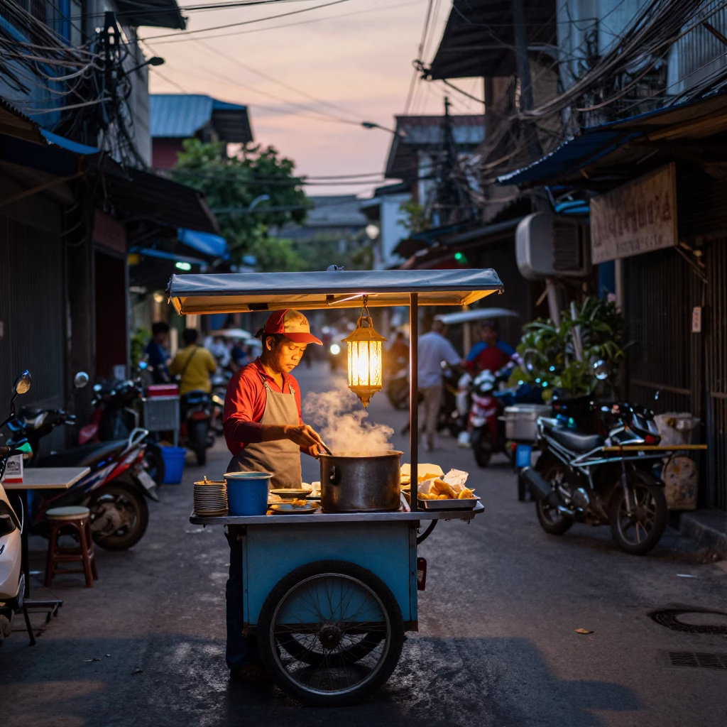Pre-Dawn Bangkok Street Vendor Cooking with Lantern Light and Mortar in in Bangkok, Thailand