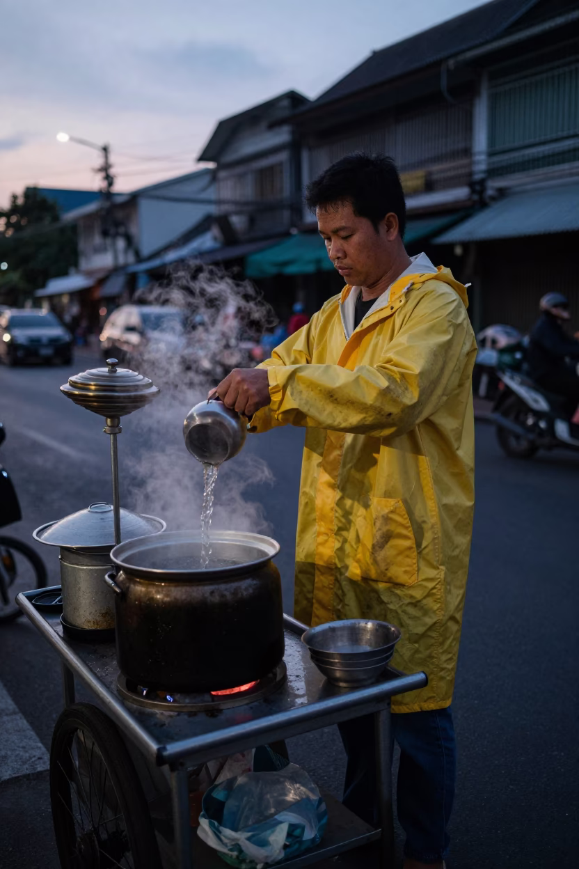 Pre-dawn Bangkok street vendor preparing tea with spinning top and thimble in in Bangkok, Thailand