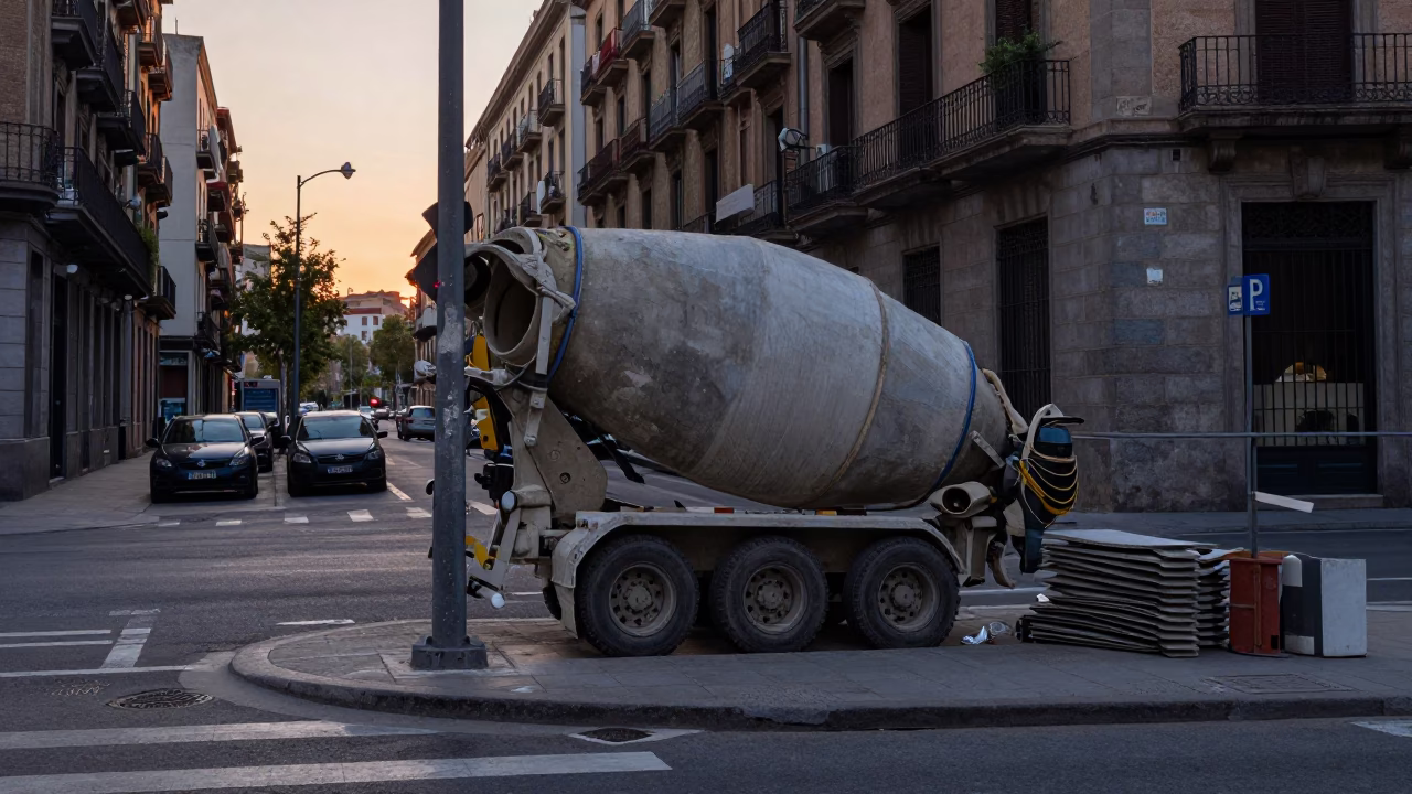 Pre-dawn Barcelona Street Corner with Concrete Mixer and Urban Debris in in Barcelona, Spain