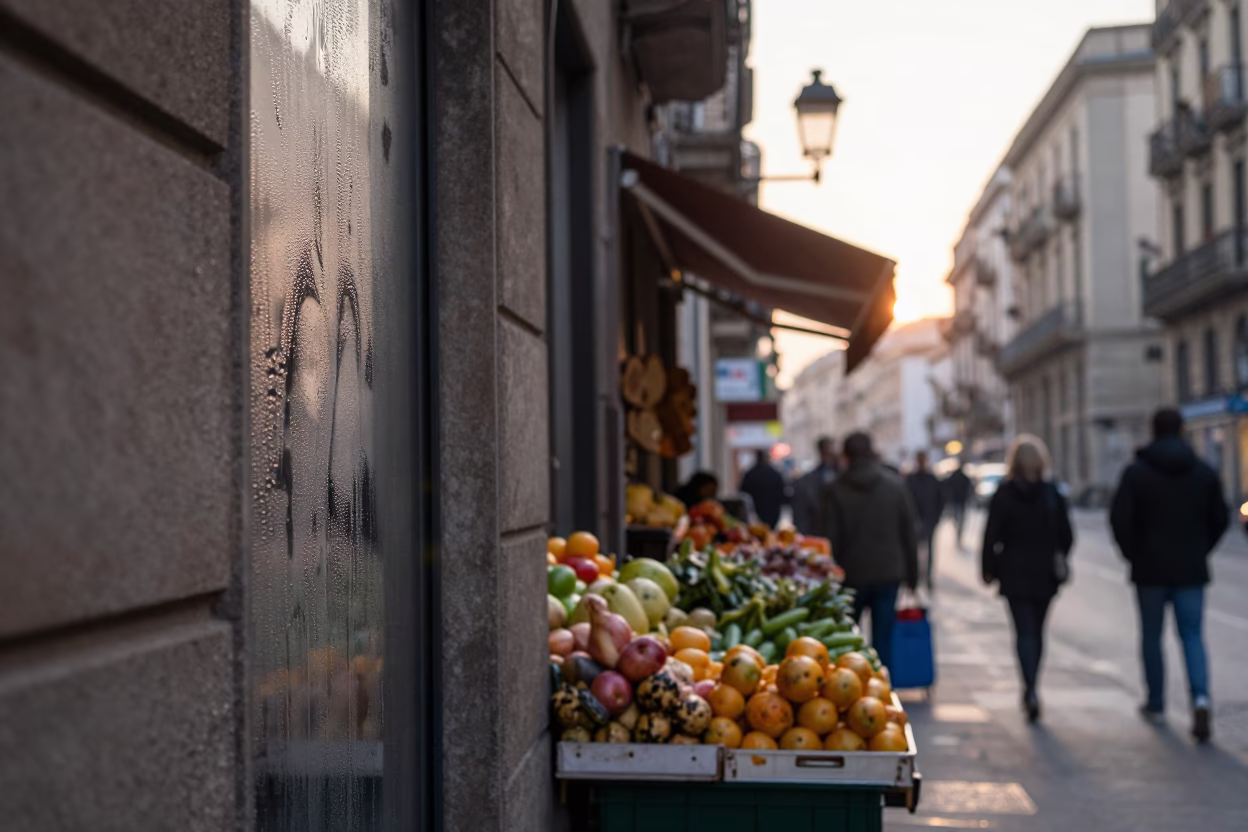 Pre-Dawn Barcelona Street Scene with Condensation and Market Fruit in in Barcelona, Spain