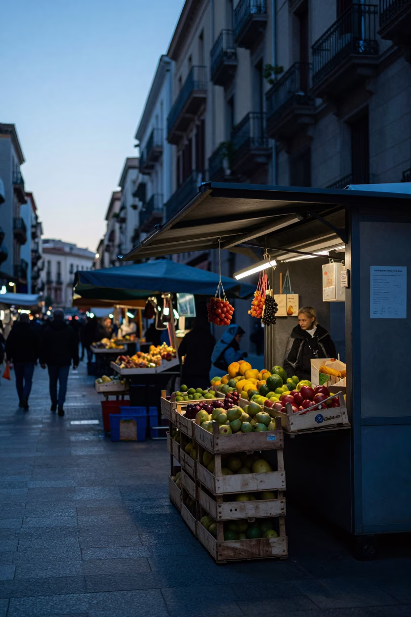Pre-dawn Barcelona street scene with early morning market stalls and local commerce in in Barcelona, Spain