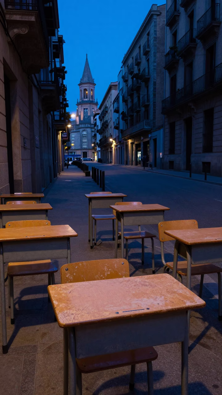Pre-dawn Barcelona Street Scene with Empty Classroom Desks and Heliconia Plants in in Barcelona, Spain