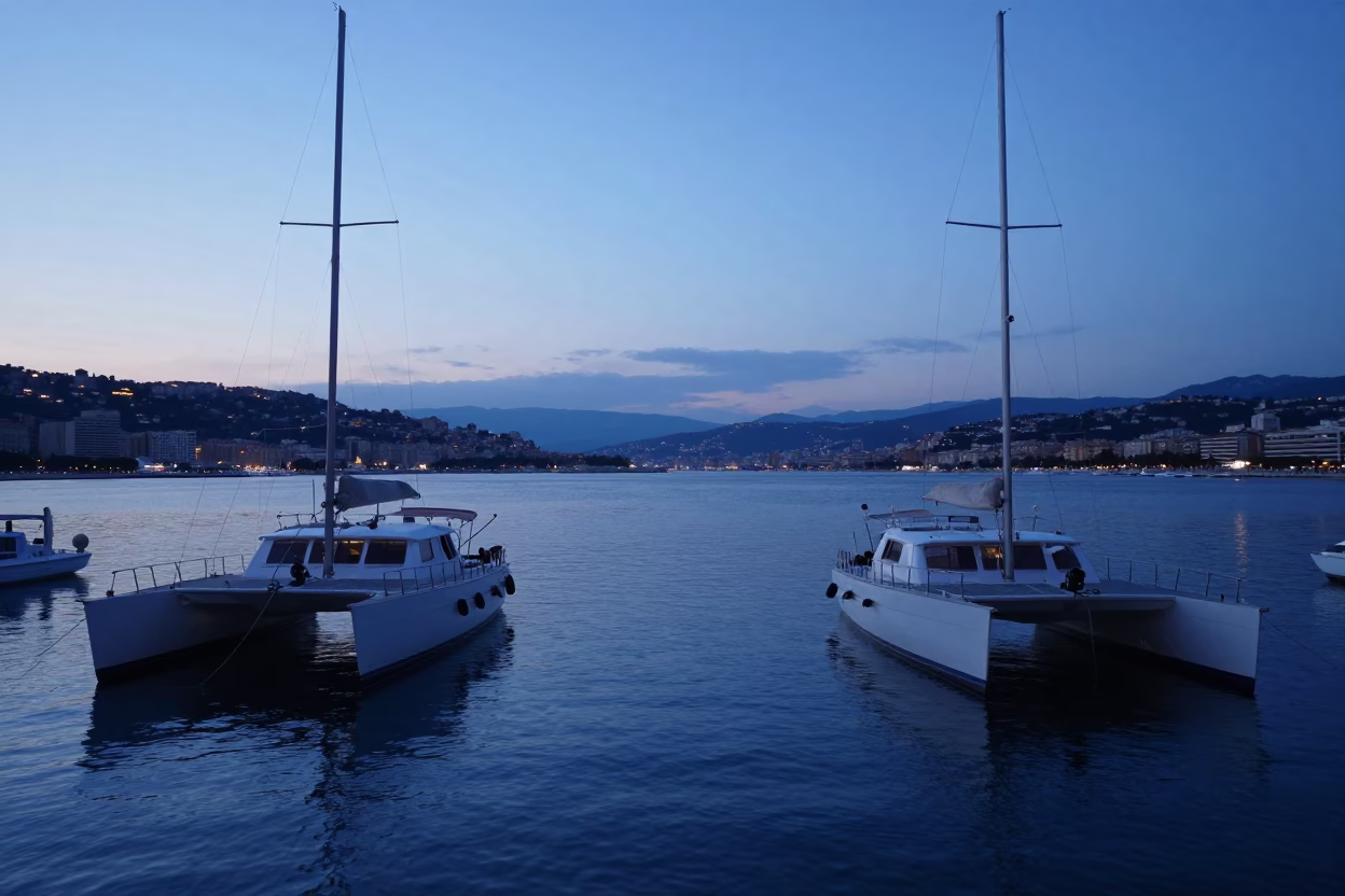 Pre-dawn Bay of Angels with moored catamarans and early morning maritime calm in in Nice, France