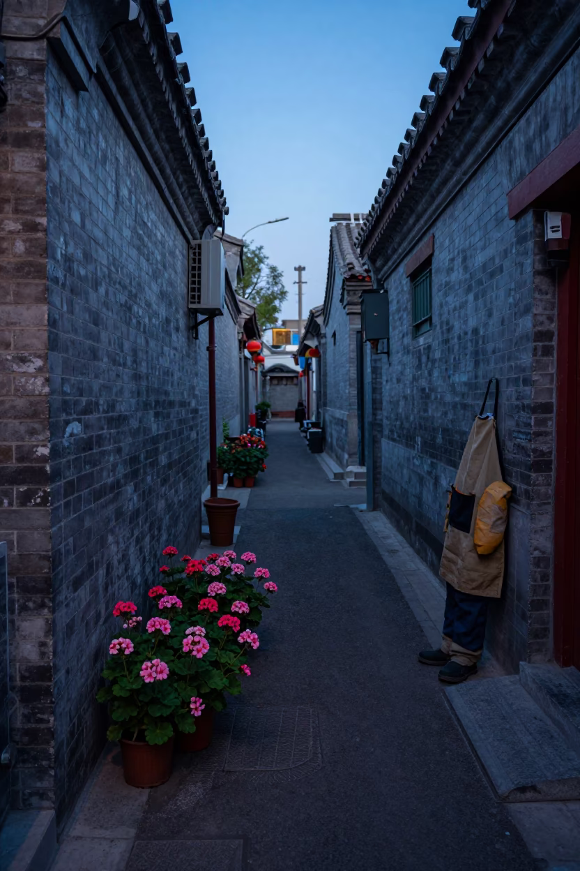 Pre-Dawn Beijing Alleyway with Worker Tool Aprons and Dormant Geraniums in in Beijing, China