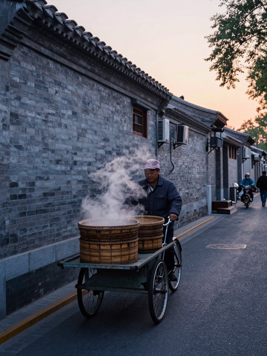 Pre-Dawn Beijing Street Scene with Bicycle Transport and Morning Market Activity in in Beijing, China