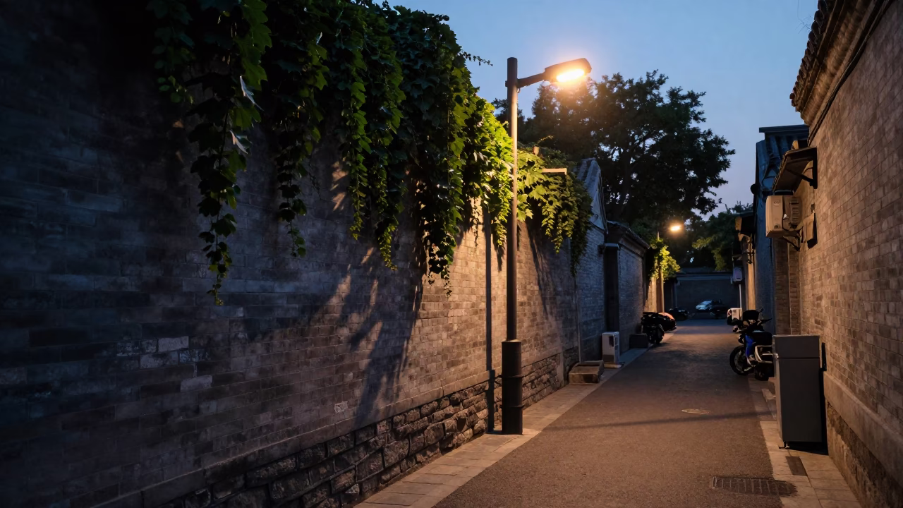 Pre-dawn Beijing street scene with ivy and boot scraper in in Beijing, China