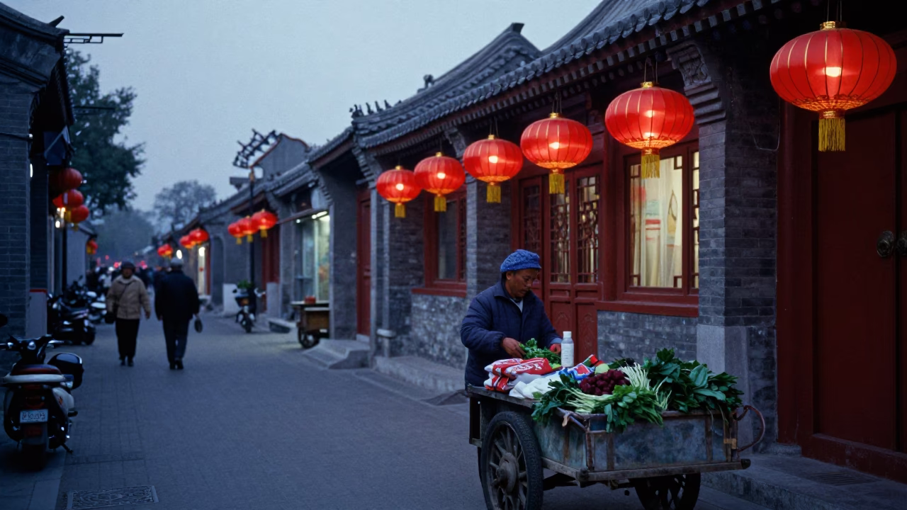 Pre-dawn Beijing street scene with red lanterns and morning vendor preparing tea in in Beijing, China