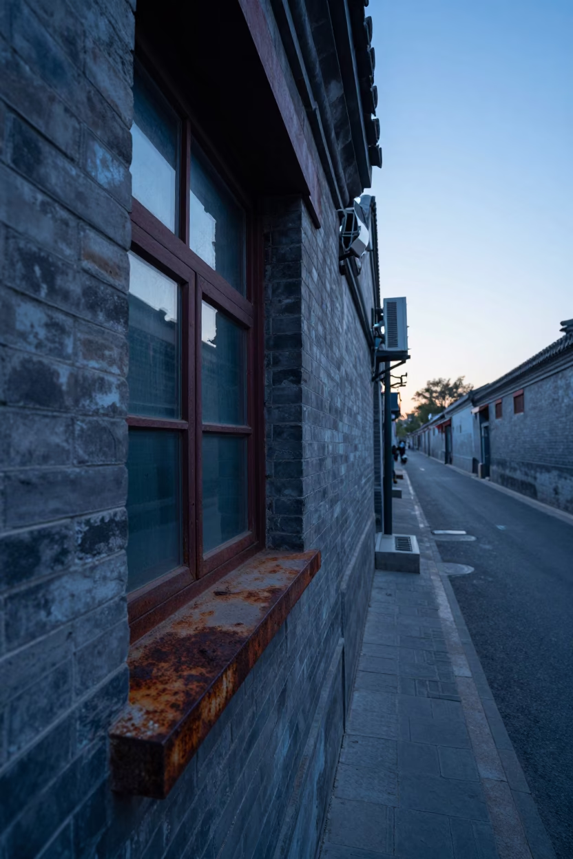 Pre-Dawn Beijing Street Scene with Rusty Window Sill and Urban Morning Light in in Beijing, China