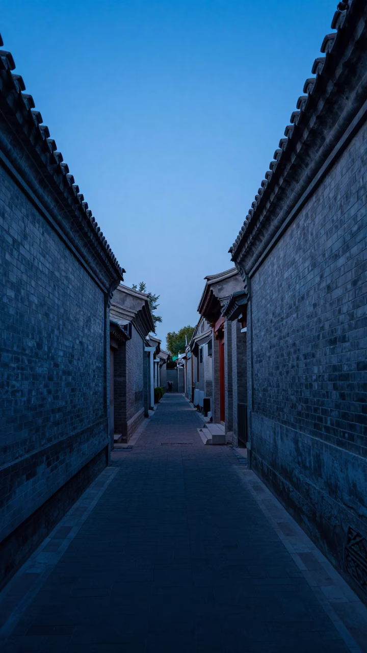 Pre-dawn Beijing street scene with traditional architecture and local vendor preparing breakfast cart in in Beijing, China
