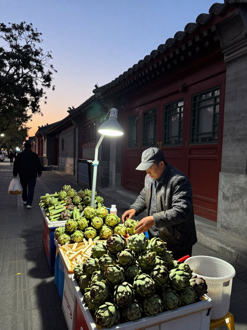 Pre-Dawn Beijing Street Scene with Vendor and Traditional Architecture in in Beijing, China