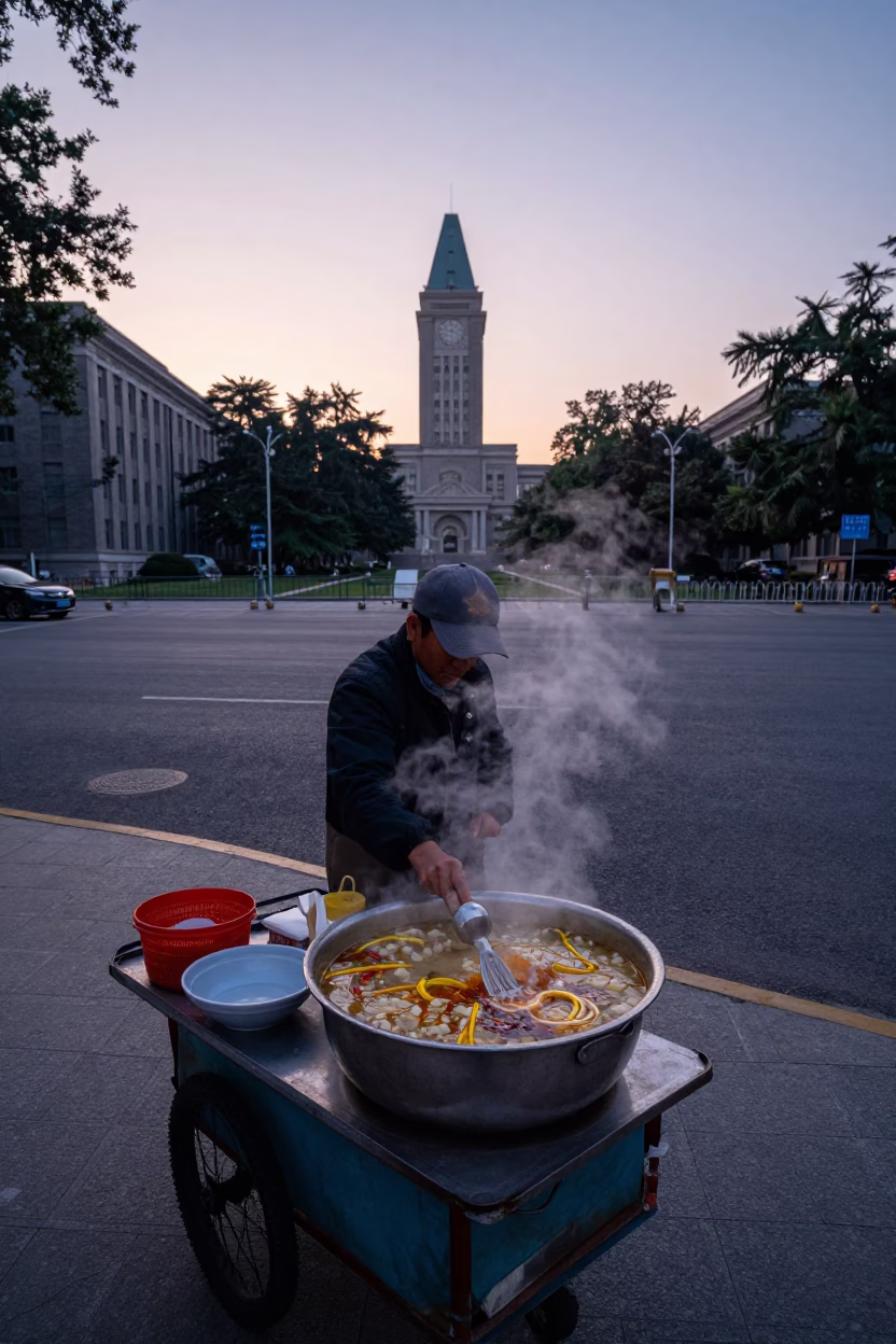 Pre-dawn Beijing Street Vendor Selling Calulu Stew Near University Cloister in in Beijing, China