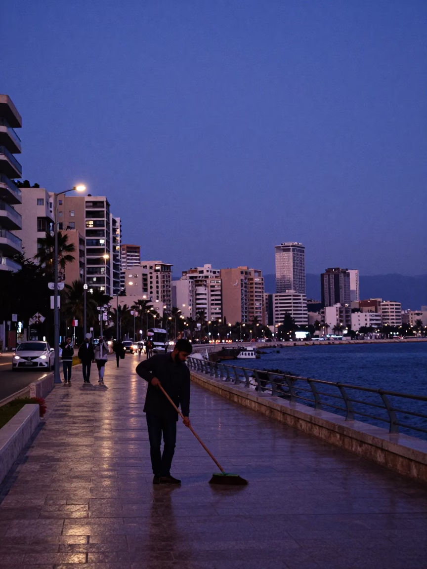 Pre-Dawn Beirut Skyline and Corniche Street with Sweeping Broom and Quiet Harbor Waters in in Beirut, Lebanon