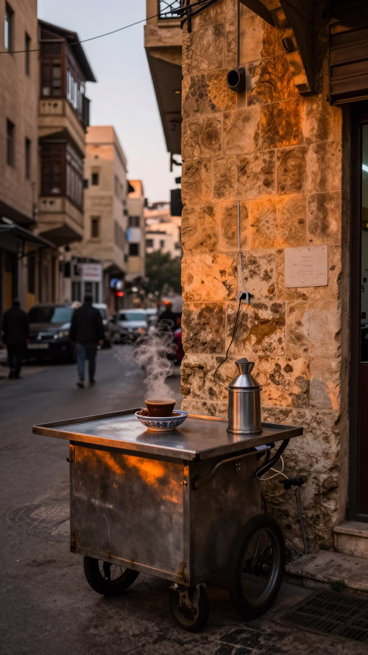 Pre-Dawn Beirut Street Corner with Steam and Local Breakfast Items in in Beirut, Lebanon