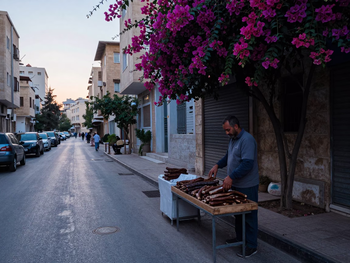 Pre-Dawn Beirut Street Scene with Bougainvillea and Local Morning Ritual in in Beirut, Lebanon