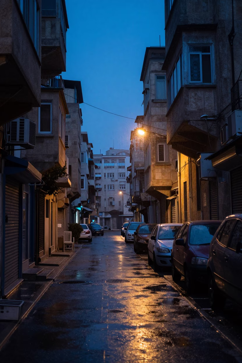 Pre-dawn Beirut Street Scene with Condensation on Window Glass and Local Morning Routine in in Beirut, Lebanon