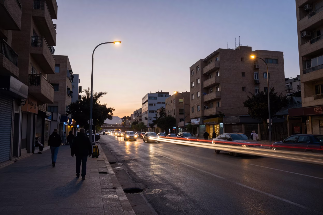 Pre-Dawn Beirut Street Scene with Distant Overpass Light Streaks and Urban Infrastructure in in Beirut, Lebanon