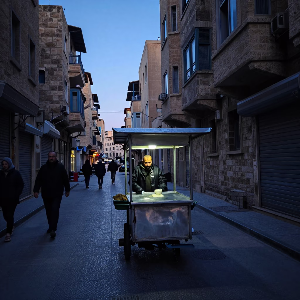 Pre-dawn Beirut Street Scene with Local Vendor and Traditional Tools in in Beirut, Lebanon