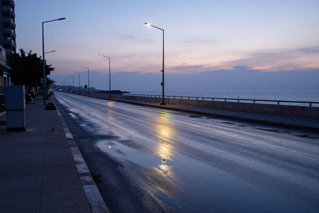 Pre-dawn Beirut street scene with oil-sheen puddles and coastal dawn light in in Beirut, Lebanon