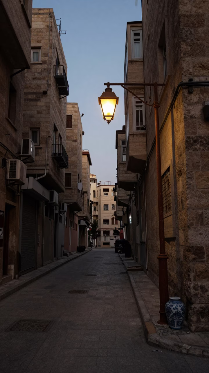 Pre-dawn Beirut Street Scene with Rusty Lamp and Ceramic Cup in in Beirut, Lebanon