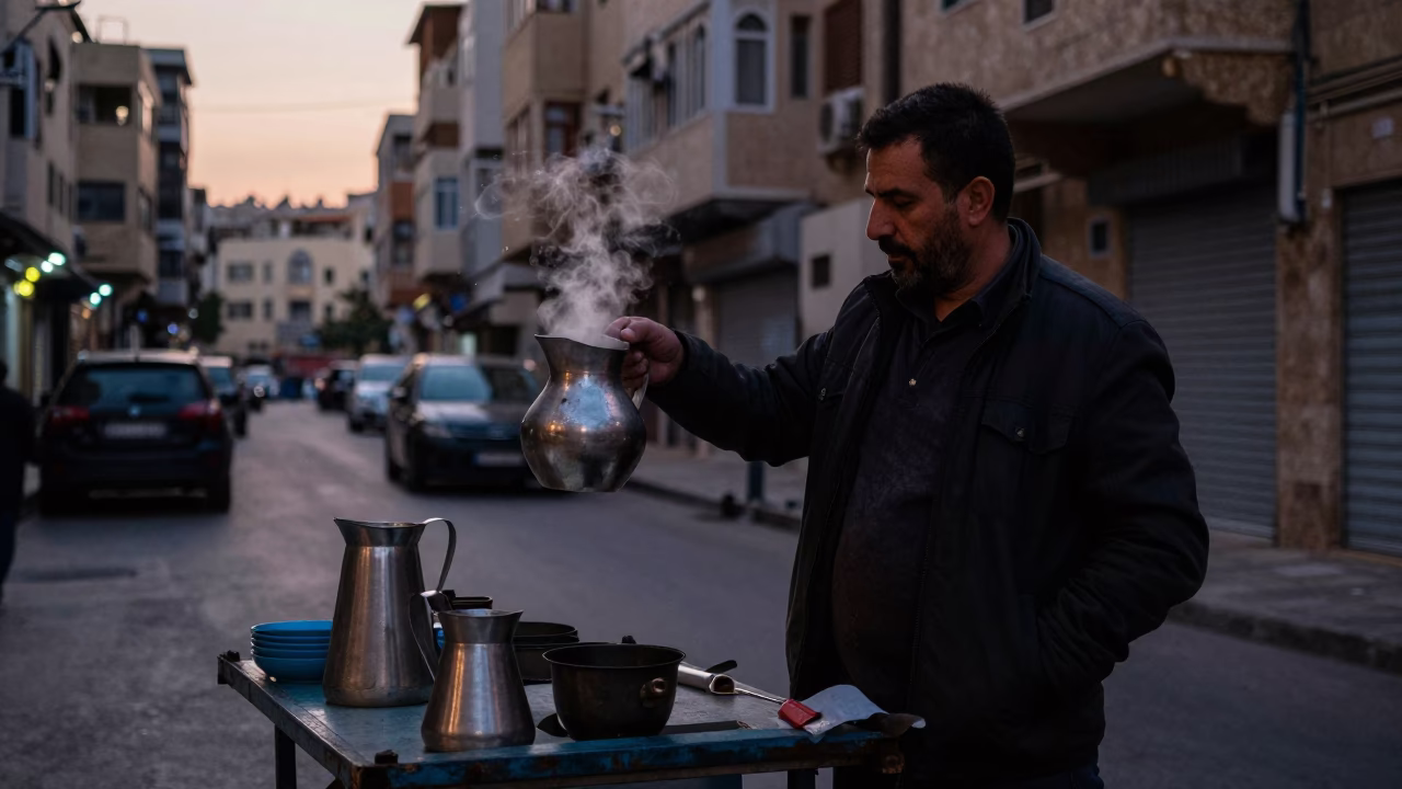 Pre-dawn Beirut Street Vendor with Steaming Metal Pitcher and Colorful Fruit Display in in Beirut, Lebanon