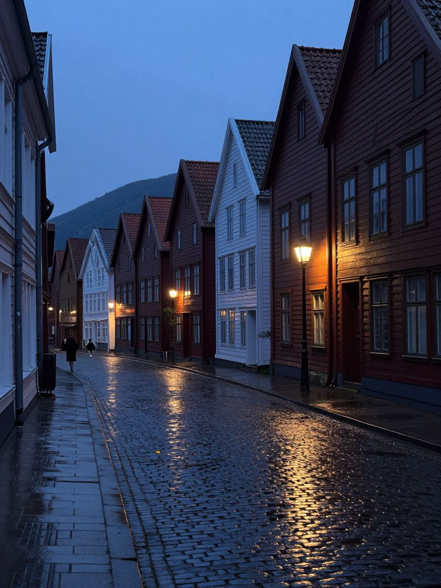Pre-dawn Bergen Norway cobblestone street with wet reflections and historic wooden buildings in in Bergen, Norway