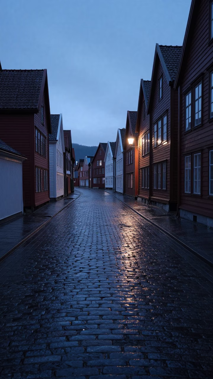 Pre-Dawn Bergen Norway Cobblestone Street with Wet Stone and Early Morning Light in in Bergen, Norway