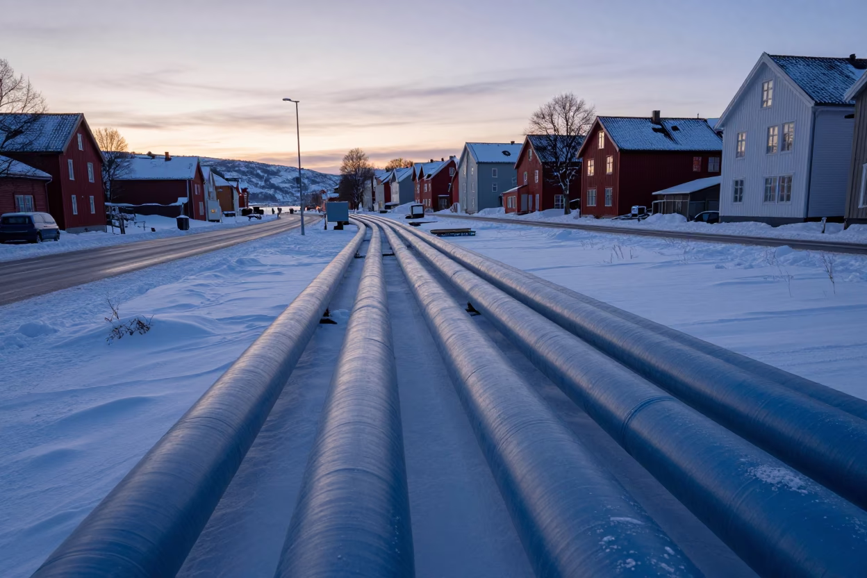 Pre-dawn Bergen Norway District Heating Pipes Across Snowy Ground in in Bergen, Norway