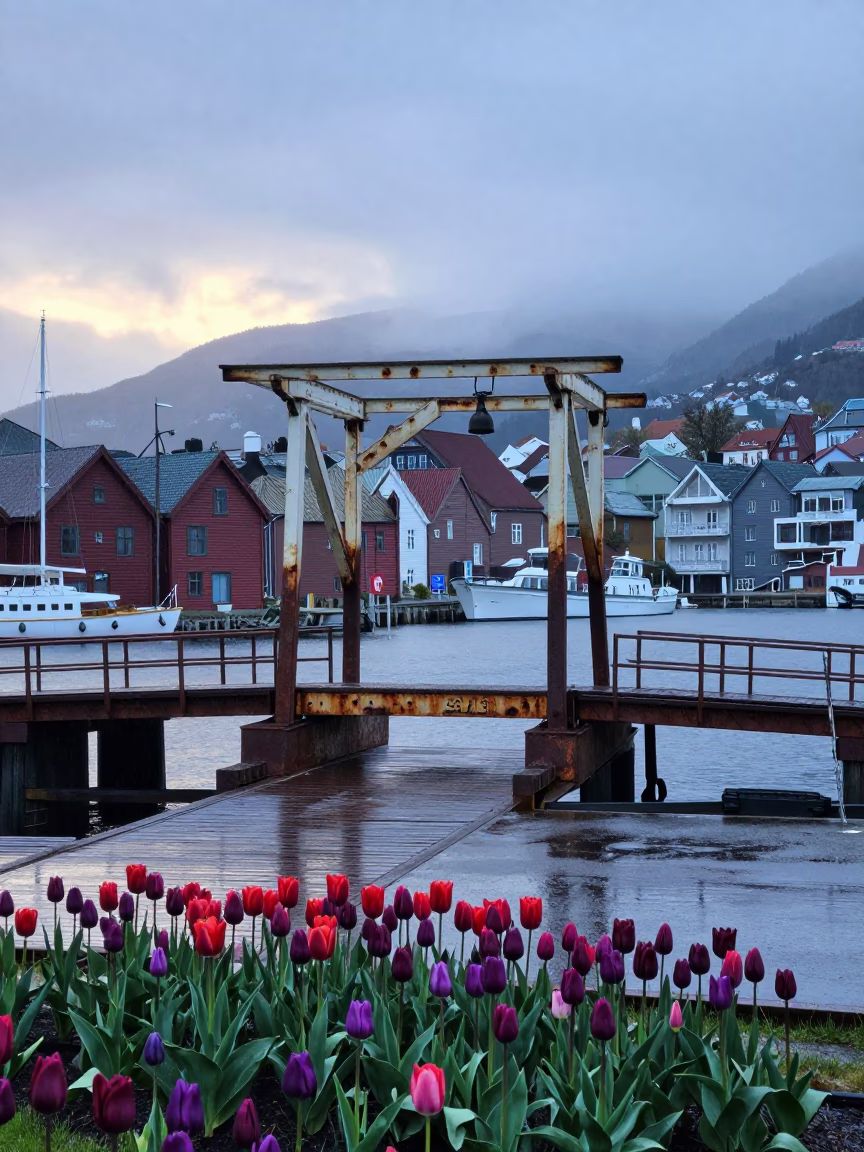 Pre-dawn Bergen Norway Harbor Scene with Drawbridge and Tulip Beds in in Bergen, Norway