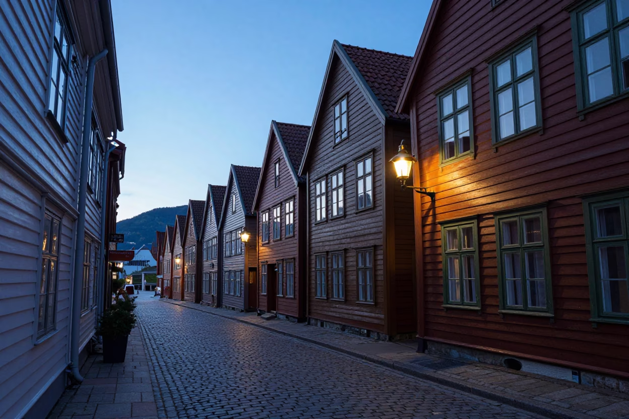 Pre-dawn Bergen Norway street scene with brass bell and brushed steel runner details in in Bergen, Norway