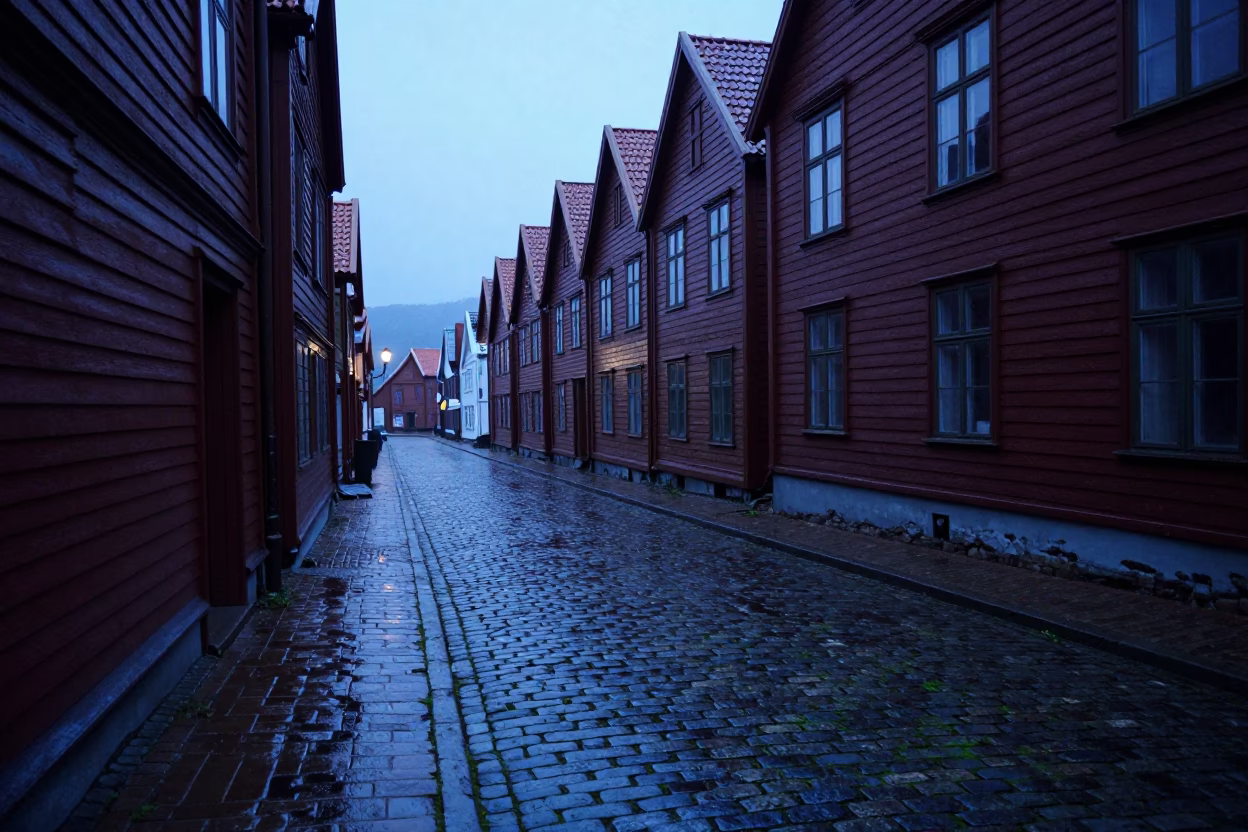 Pre-Dawn Bergen Norway Street Scene with Mossy Cobblestones and Wooden Stool in in Bergen, Norway