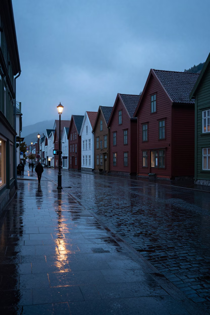 Pre-dawn Bergen Norway Street Scene with Rain Reflections and Urban Details in in Bergen, Norway