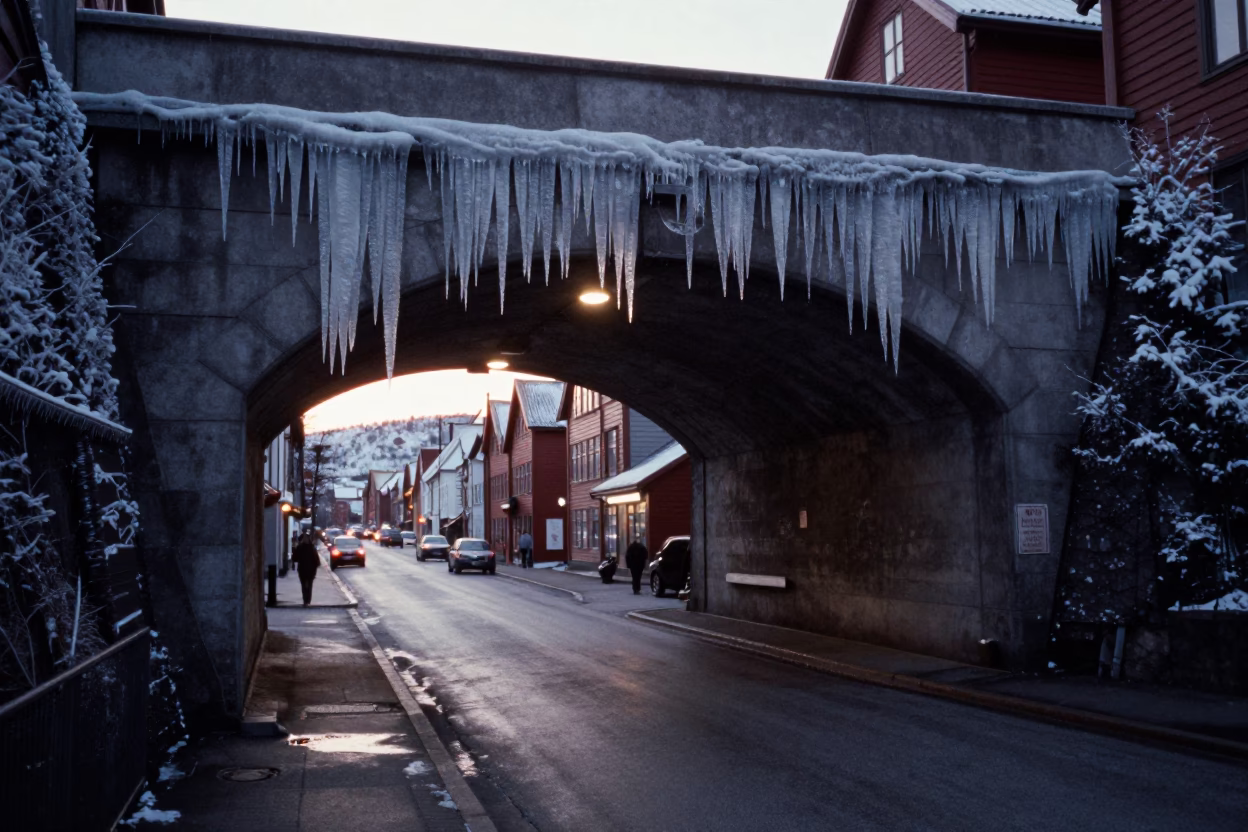Pre-dawn Bergen Norway Street Scene with Tunnel Portal and Icicles in in Bergen, Norway