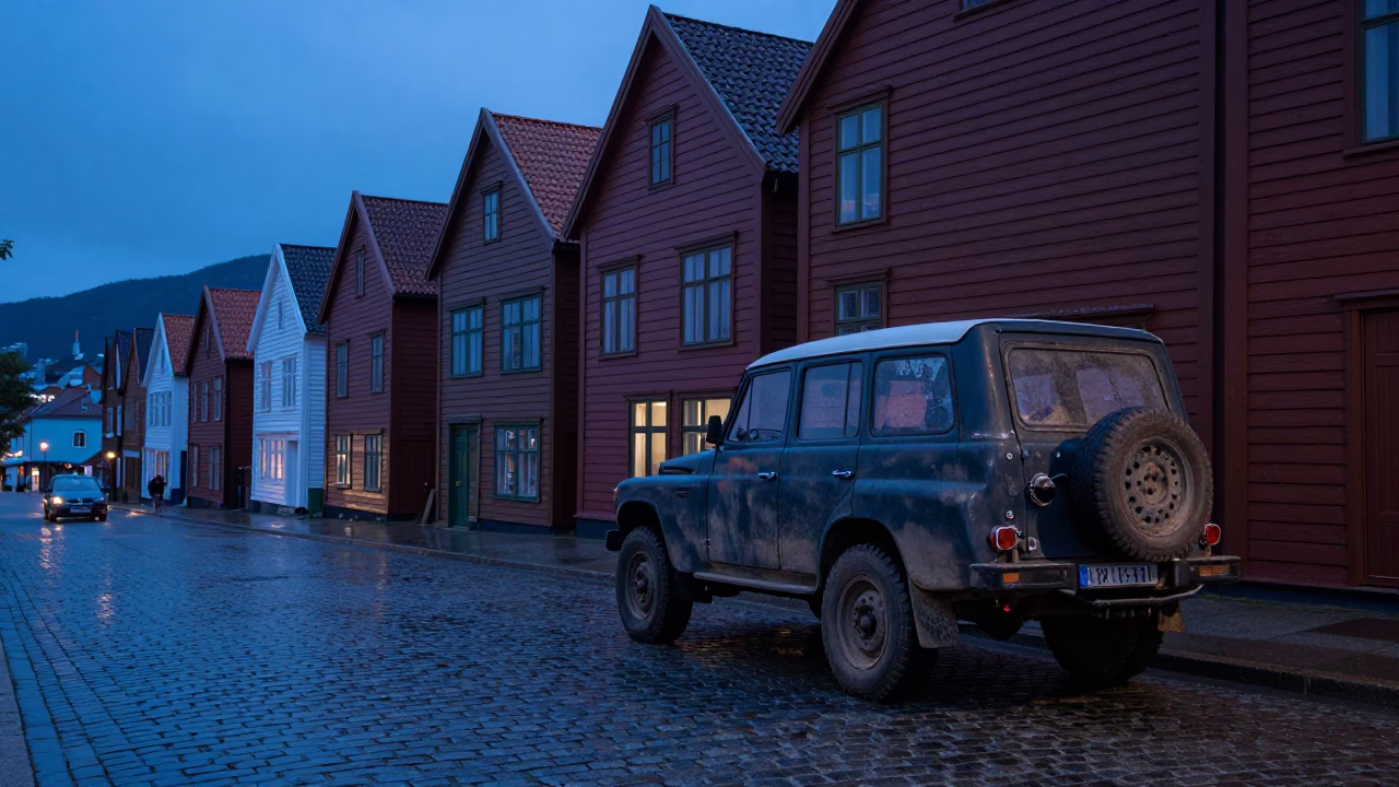 Pre-dawn Bergen Norway street scene with vintage car and traditional architecture in in Bergen, Norway