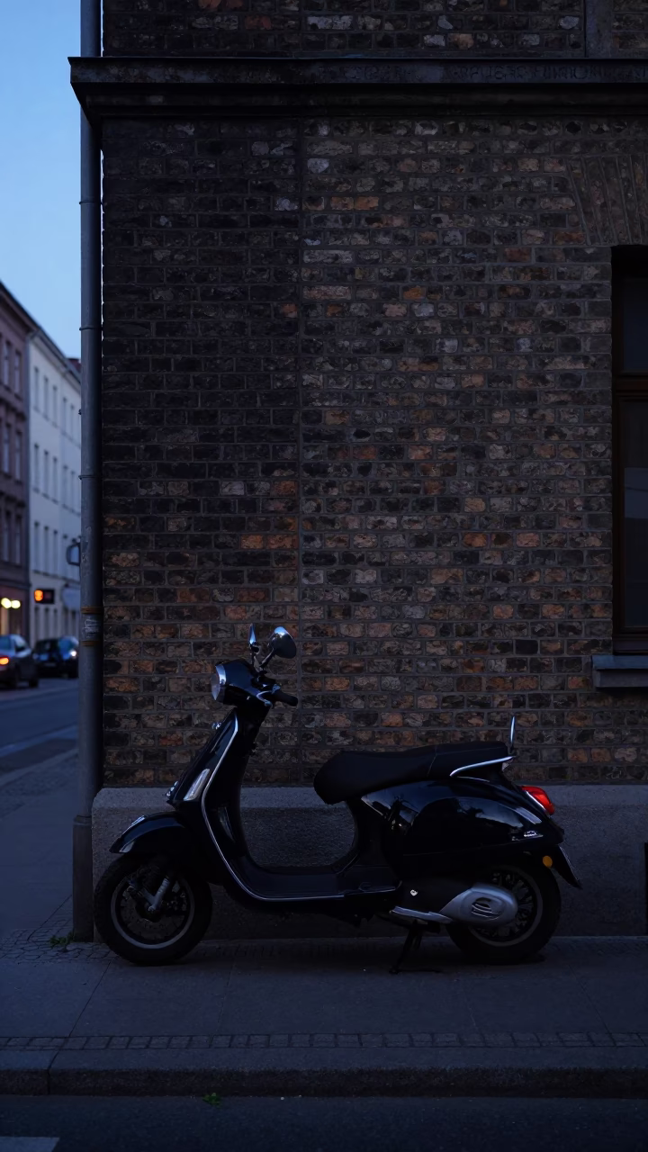 Pre-dawn Berlin Street Scene with Vintage Scooter and Urban Elements in in Berlin, Germany