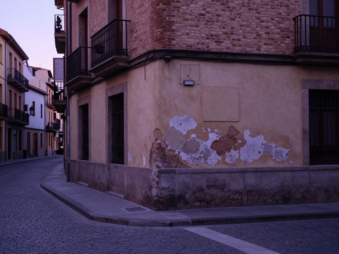 Pre-dawn Bilbao street corner with faded brickwork and early morning light in in Bilbao, Spain