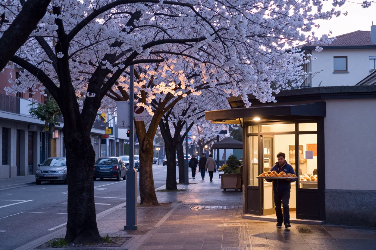 Pre-Dawn Bilbao Street Scene with Cherry Blossoms and Morning Coffee in in Bilbao, Spain