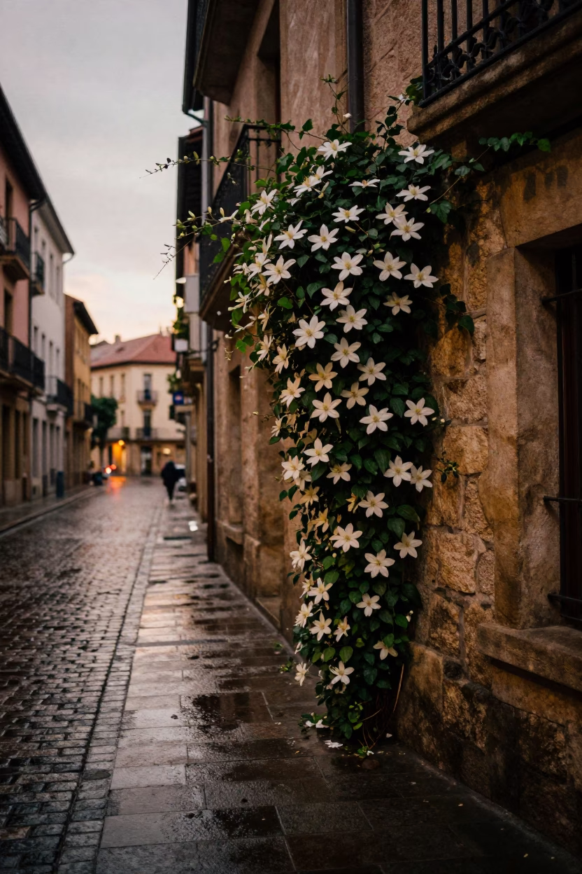 Pre-dawn Bilbao street scene with clematis vine on stone wall and bicycle rack in in Bilbao, Spain