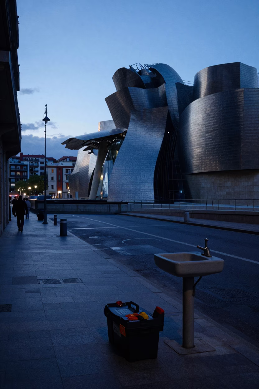 Pre-dawn Bilbao street scene with toolbox and sink near Guggenheim Museum in in Bilbao, Spain