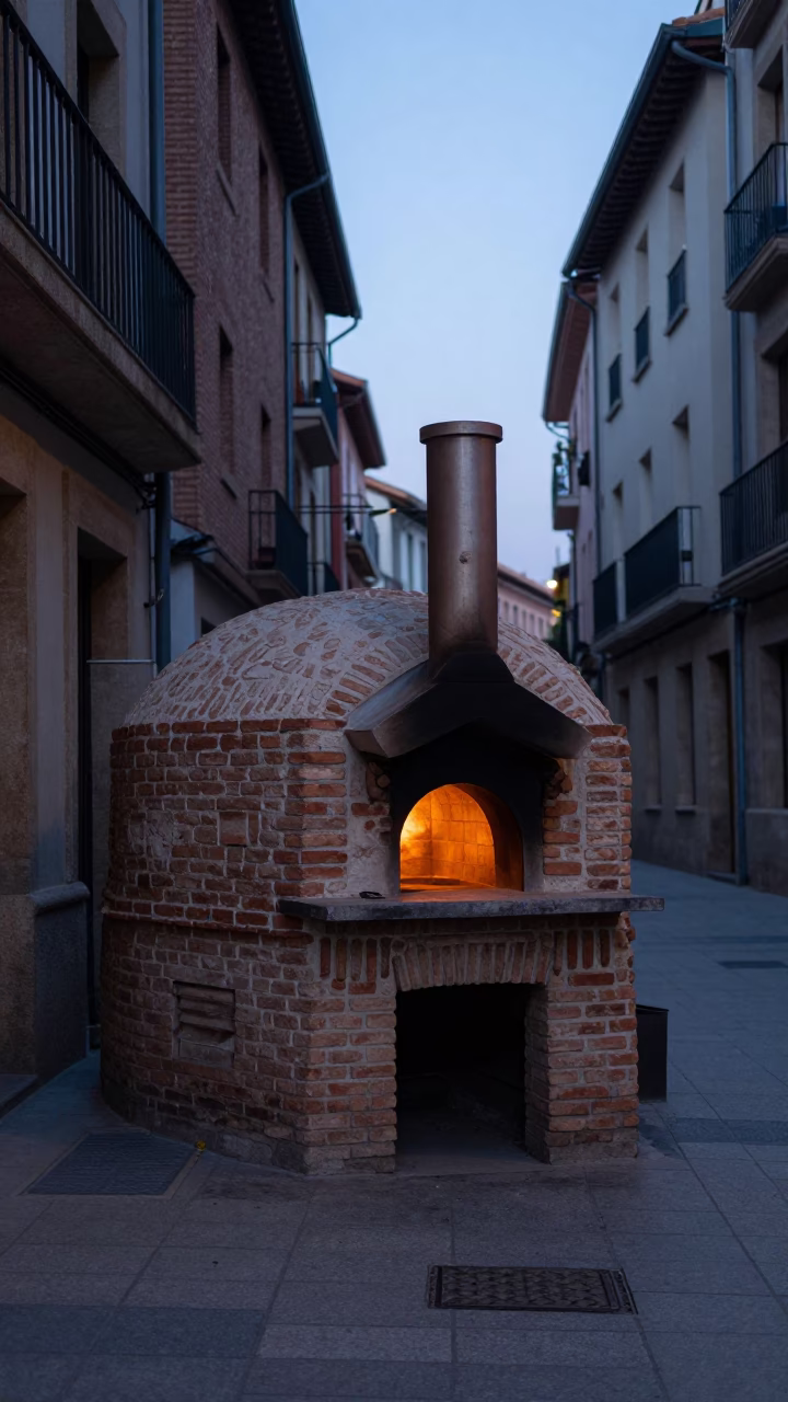 Pre-dawn Bilbao street scene with traditional bread oven and morning light in in Bilbao, Spain