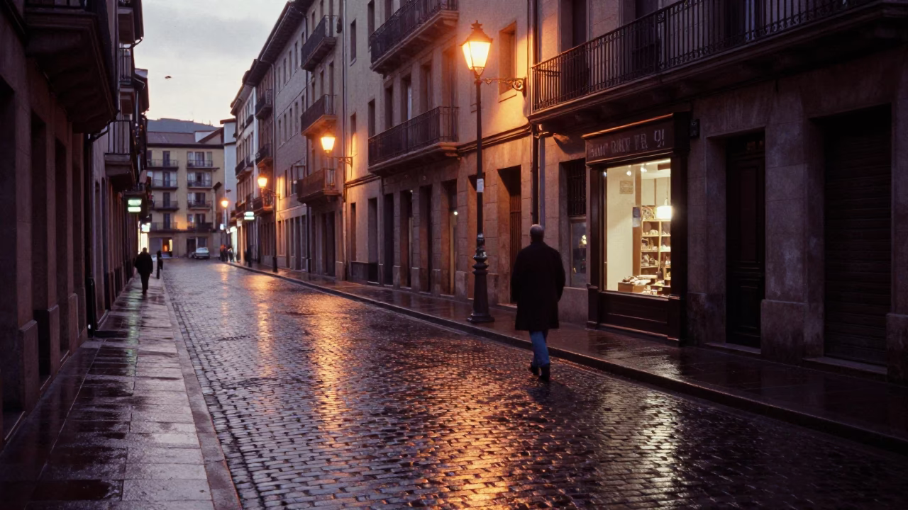 Pre-Dawn Bilbao Street Scene with Wet Cobblestones and City Lights in in Bilbao, Spain