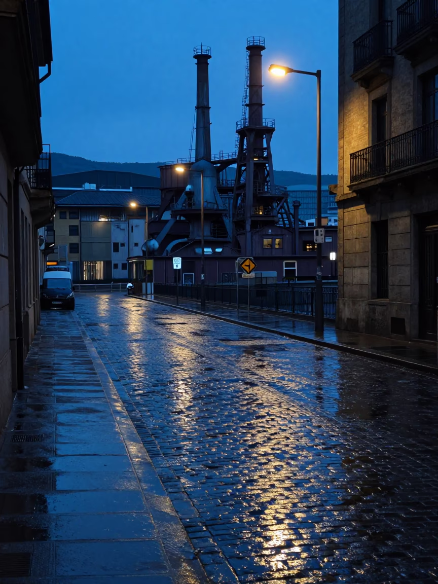 Pre-dawn Bilbao street scene with wet cobblestones and industrial river reflections in in Bilbao, Spain