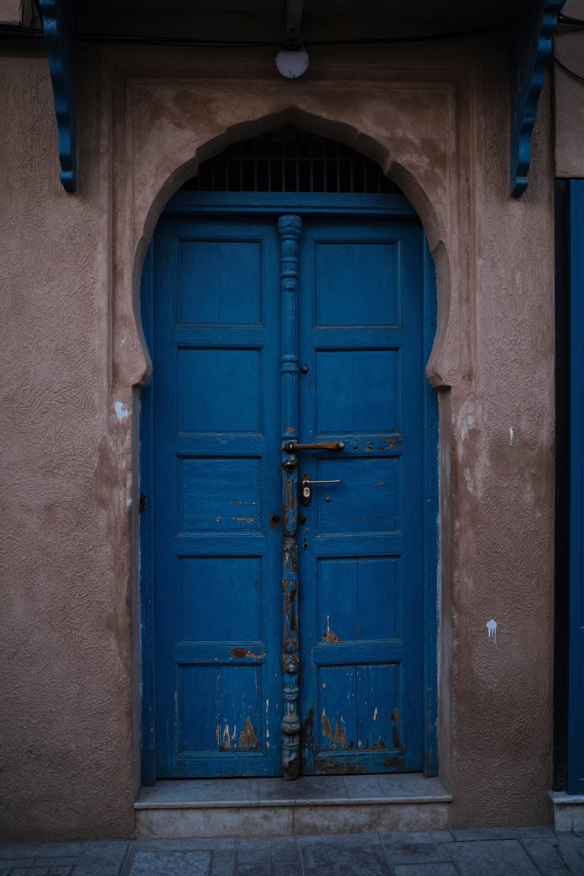 Pre-dawn blue enamel and latch on Marrakech shop door in in Marrakech, Morocco