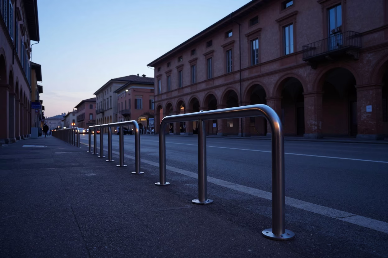 Pre-dawn Bologna Italy Street Scene with Brushed Steel Frame and Urban Architecture in in Bologna, Italy